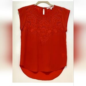 Veronica Beard Women's Coral Red 100% Silk Eyelet Top Blouse Sleeveless Size 2